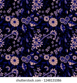 Seamless Pattern with Small Flowers in Country Style. Autumn Floral Texture with Hand Drawn Doodle Blossoms, Leaves and Buds. Small Natural Rapport for Fabric, Cloth, Textile. Vector Zentangle.