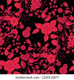 Seamless Pattern with Small Flowers in Country Style. Summer Floral Texture with Hand Drawn Doodle Blossoms, Leaves and Buds. Small Natural Rapport for Chintz, Linen, Calico. Vector.