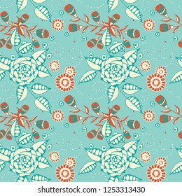 Seamless Pattern with Small Flowers in Country Style. Summer Floral Texture with Hand Drawn Doodle Blossoms, Leaves and Buds. Small Natural Rapport for Dress, Print, Paper. Vector.