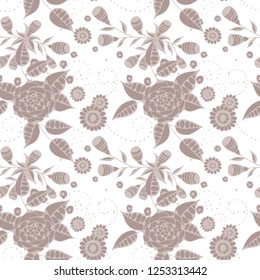 Seamless Pattern with Small Flowers in Country Style. Summer Floral Texture with Hand Drawn Doodle Blossoms, Leaves and Buds. Small Natural Rapport for Dress, Print, Paper. Vector.