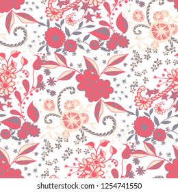 Seamless Pattern with Small Flowers in Country Style. Summer Floral Texture with Hand Drawn Doodle Blossoms, Leaves and Buds. Small Natural Rapport for Fabric, Cloth, Textile. Vector Zentangle.