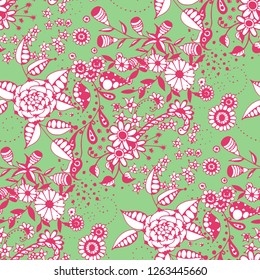 Seamless Pattern with Small Flowers in Country Style. Autumn Floral Texture with Hand Drawn Doodle Blossoms, Leaves and Buds. Small Natural Rapport for Dress, Print, Paper. Vector.