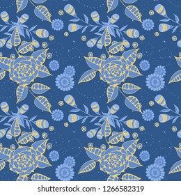 Seamless Pattern with Small Flowers in Country Style. Spring Floral Texture with Hand Drawn Doodle Blossoms, Leaves and Buds. Small Natural Rapport for Chintz, Linen, Calico. Vector.