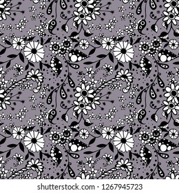 Seamless Pattern with Small Flowers in Country Style. Summer Floral Texture with Hand Drawn Doodle Blossoms, Leaves and Buds. Small Natural Rapport for Dress, Cloth, Paper. Vector Zentangle.