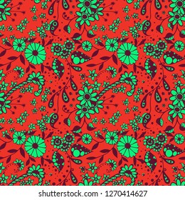 Seamless Pattern with Small Flowers in Country Style. Summer Floral Texture with Hand Drawn Doodle Blossoms, Leaves and Buds. Small Natural Rapport for Dress, Print, Cotton. Vector Zentangle.