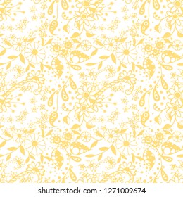 Seamless Pattern with Small Flowers in Country Style. Autumn Floral Texture with Hand Drawn Doodle Blossoms, Leaves and Buds. Small Natural Rapport for Dress, Print, Paper. Vector Zentangle.