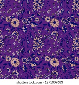 Seamless Pattern with Small Flowers in Country Style. Autumn Floral Texture with Hand Drawn Doodle Blossoms, Leaves and Buds. Small Natural Rapport for Dress, Cloth, Paper. Vector Zentangle.