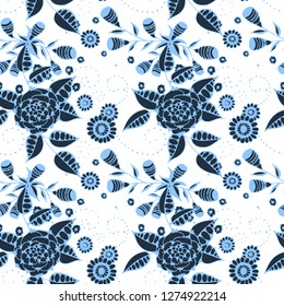 Seamless Pattern with Small Flowers in Country Style. Autumn Floral Texture with Hand Drawn Doodle Blossoms, Leaves and Buds. Small Natural Rapport for Fabric, Cloth, Paper. Vector.