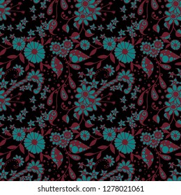 Seamless Pattern with Small Flowers in Country Style. Summer Floral Texture with Hand Drawn Doodle Blossoms, Leaves and Buds. Small Natural Rapport for Print, Cotton, Calico. Vector Zentangle.