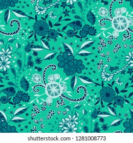 Seamless Pattern with Small Flowers in Country Style. Autumn Floral Texture with Hand Drawn Doodle Blossoms, Leaves and Buds. Small Natural Rapport for Chintz, Linen, Textile. Vector Zentangle.