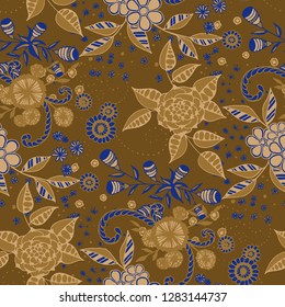 Seamless Pattern with Small Flowers in Country Style. Summer Floral Texture with Hand Drawn Doodle Blossoms, Leaves and Buds. Small Natural Rapport for Fabric, Cloth, Textile. Vector.