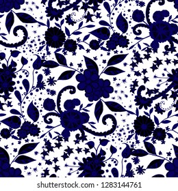 Seamless Pattern with Small Flowers in Country Style. Summer Floral Texture with Hand Drawn Doodle Blossoms, Leaves and Buds. Small Natural Rapport for Fabric, Linen, Textile. Vector Zentangle.