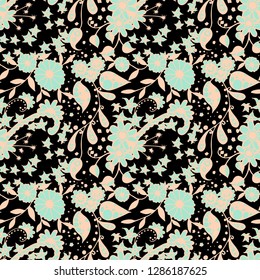 Seamless Pattern with Small Flowers in Country Style. Autumn Floral Texture with Hand Drawn Doodle Blossoms, Leaves and Buds. Small Natural Rapport for Print, Cotton, Calico. Vector Zentangle.