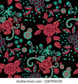 Seamless Pattern with Small Flowers in Country Style. Summer Floral Texture with Hand Drawn Doodle Blossoms, Leaves and Buds. Small Natural Rapport for Fabric, Cloth, Paper. Vector.