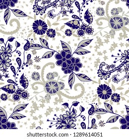 Seamless Pattern with Small Flowers in Country Style. Summer Floral Texture with Hand Drawn Doodle Blossoms, Leaves and Buds. Small Natural Rapport for Fabric, Cloth, Paper. Vector Zentangle.