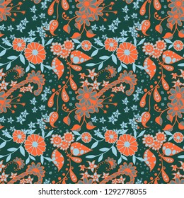 Seamless Pattern with Small Flowers in Country Style. Autumn Floral Texture with Hand Drawn Doodle Blossoms, Leaves and Buds. Small Natural Rapport for Fabric, Cloth, Textile. Vector Zentangle.