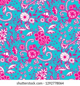 Seamless Pattern with Small Flowers in Country Style. Summer Floral Texture with Hand Drawn Doodle Blossoms, Leaves and Buds. Small Natural Rapport for Print, Cotton, Calico. Vector Zentangle.