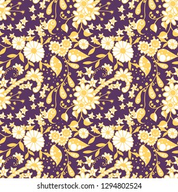 Seamless Pattern with Small Flowers in Country Style. Spring Floral Texture with Hand Drawn Doodle Blossoms, Leaves and Buds. Small Natural Rapport for Chintz, Cotton, Calico. Vector Zentangle.
