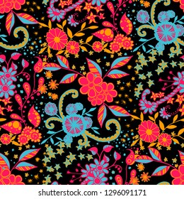 Seamless Pattern with Small Flowers in Country Style. Summer Floral Texture with Hand Drawn Doodle Blossoms, Leaves and Buds. Small Natural Rapport for Chintz, Linen, Textile. Vector Zentangle.