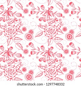 Seamless Pattern with Small Flowers in Country Style. Spring Floral Texture with Hand Drawn Doodle Blossoms, Leaves and Buds. Small Natural Rapport for Fabric, Linen, Textile. Vector.