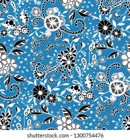 Seamless Pattern with Small Flowers in Country Style. Autumn Floral Texture with Hand Drawn Doodle Blossoms, Leaves and Buds. Small Natural Rapport for Chintz, Linen, Textile. Vector Zentangle.