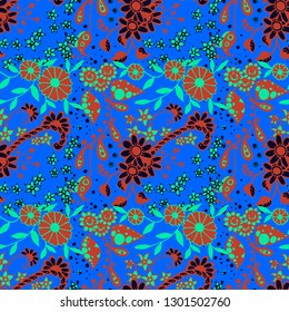 Seamless Pattern with Small Flowers in Country Style. Autumn Floral Texture with Hand Drawn Doodle Blossoms, Leaves and Buds. Small Natural Rapport for Fabric, Cloth, Paper. Vector Zentangle.