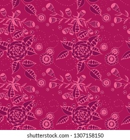 Seamless Pattern with Small Flowers in Country Style. Autumn Floral Texture with Hand Drawn Doodle Blossoms, Leaves and Buds. Small Natural Rapport for Dress, Cloth, Paper. Vector.