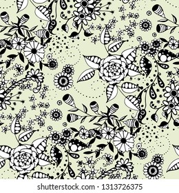 Seamless Pattern with Small Flowers in Country Style. Spring Floral Texture with Hand Drawn Doodle Blossoms, Leaves and Buds. Small Natural Rapport for Fabric, Linen, Textile. Vector.