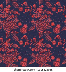 Seamless Pattern with Small Flowers in Country Style. Autumn Floral Texture with Hand Drawn Doodle Blossoms, Leaves and Buds. Small Natural Rapport for Dress, Print, Cotton. Vector.