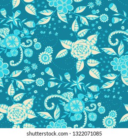 Seamless Pattern with Small Flowers in Country Style. Autumn Floral Texture with Hand Drawn Doodle Blossoms, Leaves and Buds. Small Natural Rapport for Fabric, Linen, Textile. Vector.