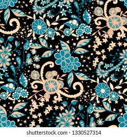 Seamless Pattern with Small Flowers in Country Style. Summer Floral Texture with Hand Drawn Doodle Blossoms, Leaves and Buds. Small Natural Rapport for Dress, Cloth, Paper. Vector Zentangle.