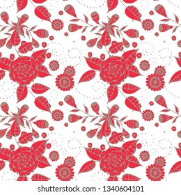 Seamless Pattern with Small Flowers in Country Style. Summer Floral Texture with Hand Drawn Doodle Blossoms, Leaves and Buds. Small Natural Rapport for Dress, Print, Cotton. Vector.