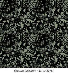 Seamless Pattern with Small Flowers in Country Style. Autumn Floral Texture with Hand Drawn Doodle Blossoms, Leaves and Buds. Small Natural Rapport for Chintz, Linen, Textile. Vector Zentangle.