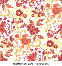 Seamless Pattern with Small Flowers in Country Style. Summer Floral Texture with Hand Drawn Doodle Blossoms, Leaves and Buds. Small Natural Rapport for Fabric, Linen, Textile. Vector Zentangle.