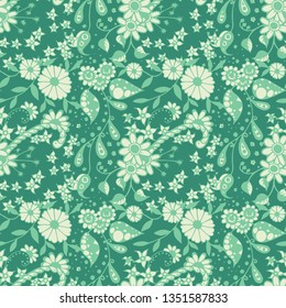 Seamless Pattern with Small Flowers in Country Style. Autumn Floral Texture with Hand Drawn Doodle Blossoms, Leaves and Buds. Small Natural Rapport for Dress, Print, Paper. Vector Zentangle.
