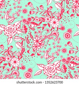 Seamless Pattern with Small Flowers in Country Style. Spring Floral Texture with Hand Drawn Doodle Blossoms, Leaves and Buds. Small Natural Rapport for Dress, Print, Cotton. Vector.