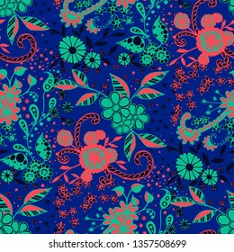 Seamless Pattern with Small Flowers in Country Style. Spring Floral Texture with Hand Drawn Doodle Blossoms, Leaves and Buds. Small Natural Rapport for Dress, Print, Paper. Vector Zentangle.