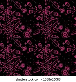 Seamless Pattern with Small Flowers in Country Style. Autumn Floral Texture with Hand Drawn Doodle Blossoms, Leaves and Buds. Small Natural Rapport for Dress, Print, Paper. Vector.