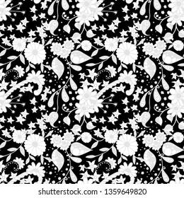 Seamless Pattern with Small Flowers in Country Style. Autumn Floral Texture with Hand Drawn Doodle Blossoms, Leaves and Buds. Small Natural Rapport for Chintz, Linen, Calico. Vector Zentangle.