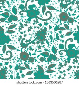 Seamless Pattern with Small Flowers in Country Style. Summer Floral Texture with Hand Drawn Doodle Blossoms, Leaves and Buds. Small Natural Rapport for Dress, Print, Cotton. Vector Zentangle.