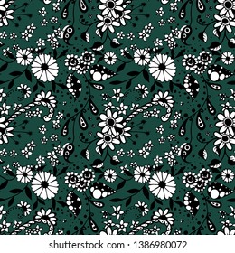 Seamless Pattern with Small Flowers in Country Style. Summer Floral Texture with Hand Drawn Doodle Blossoms, Leaves and Buds. Small Natural Rapport for Dress, Cloth, Paper. Vector Zentangle.
