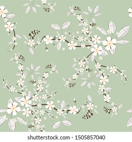 Seamless Pattern with Small Flowers in Country Style. Spring Floral Texture Leaves and Buds. Small Natural Rapport for Fabric, Linen, Textile. Vector