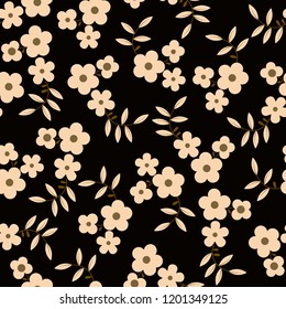 Seamless pattern with small flowers. Cute and simple ditsy texture on black background. Vector illustration.