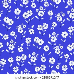Seamless pattern of small flowers. Floral vector print. White flowers on blue background