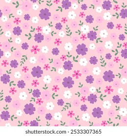 Seamless pattern with small flowers. Hand drawn floral pattern for your fabric, summer background, wallpaper, backdrop, textile. Vector illustration	