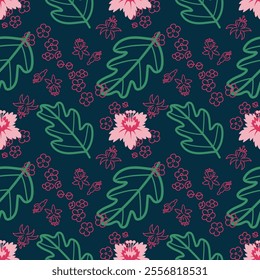 Seamless pattern small flowers. Hand drawn floral pattern with cute flowers and leaves on a dark background. Repeating background for wrapping paper, fabric,textile, stationary products decoration.