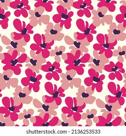 Seamless pattern with small flowers head on a light field. Liberty floral print, gently botanical background with hand drawn pink flowers. Artistic flower surface. Vector illustration.