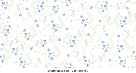 Seamless pattern with small flowers, herbs in gentle pastel colors. Great for children's textiles and clothing. Vector. Printing on fabric and paper. country style