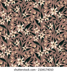 Seamless pattern with small flowers and leaves in vintage style. Free arrangement of twigs with flowers and leaves. Old fashioned floral print design, botanic background in pastel colors. Vector.