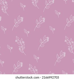 Patrón sin foco en flores y hojas pequeñas. Pequeñas flores blancas. Fondo rosa. Fondo floral de color marrón. Patrón elegante para la impresión textil de moda